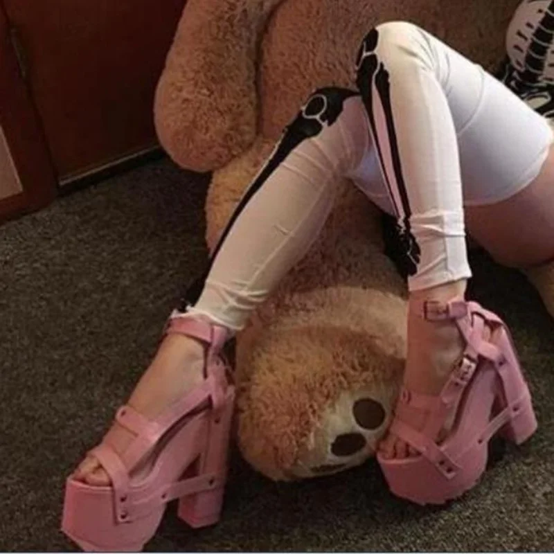 

Brand Pink Platform Chunky Heel Women Sandals Belt Buckle Super High Platform Sandals Studded Open Club Dance Shoes Real Photo