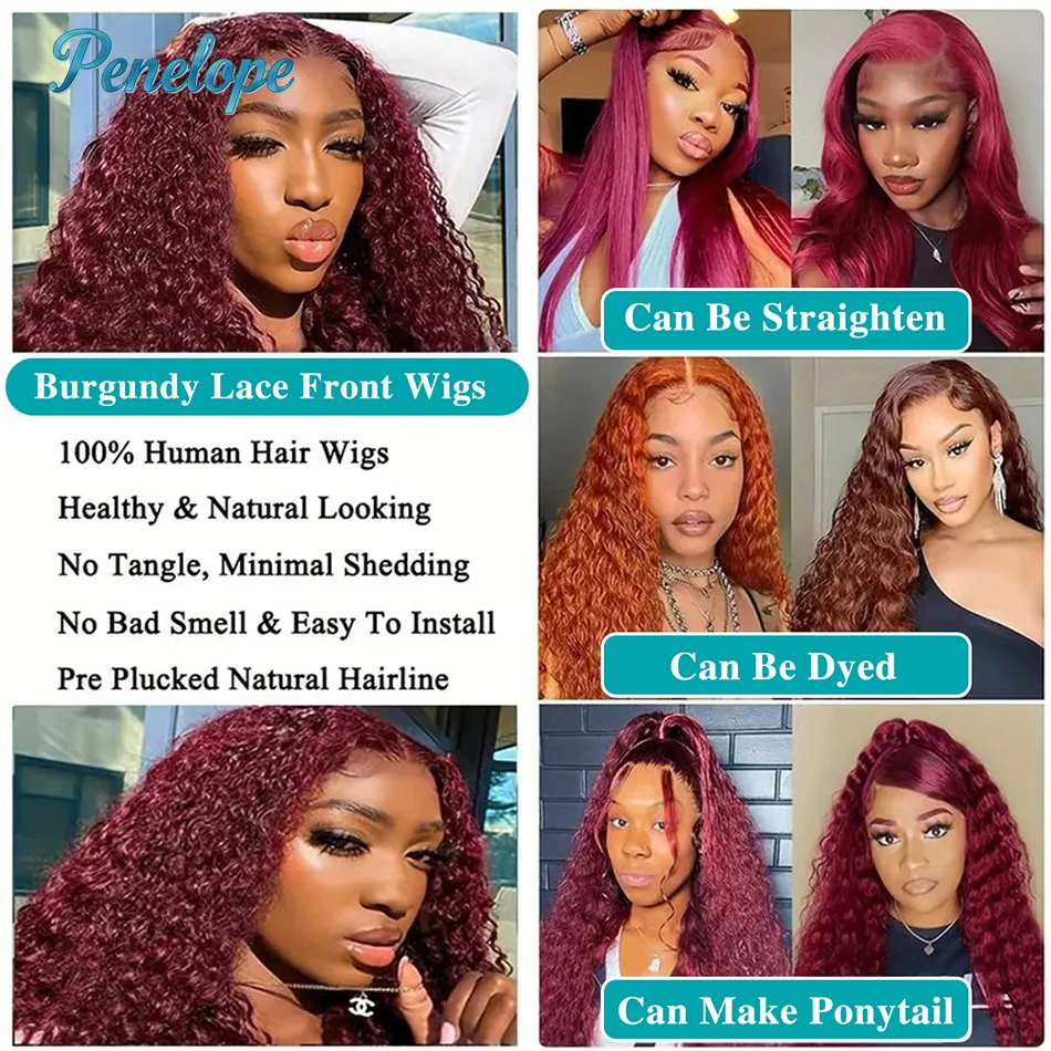 220 Density 99J Burgundy 13x6 HD Lace Frontal Human Hair Wig Pre plucked Colored Brazilian Deep Wave Curly Human Hair Wig 3