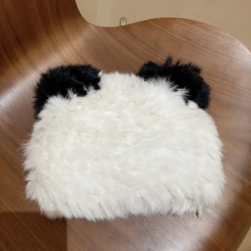 Black Bear Ears Rabbit Hair Beanies Cap Y2K Autumn and Winter Fashion Versatile Cute Plush Pullover Hats for Women and Men 6