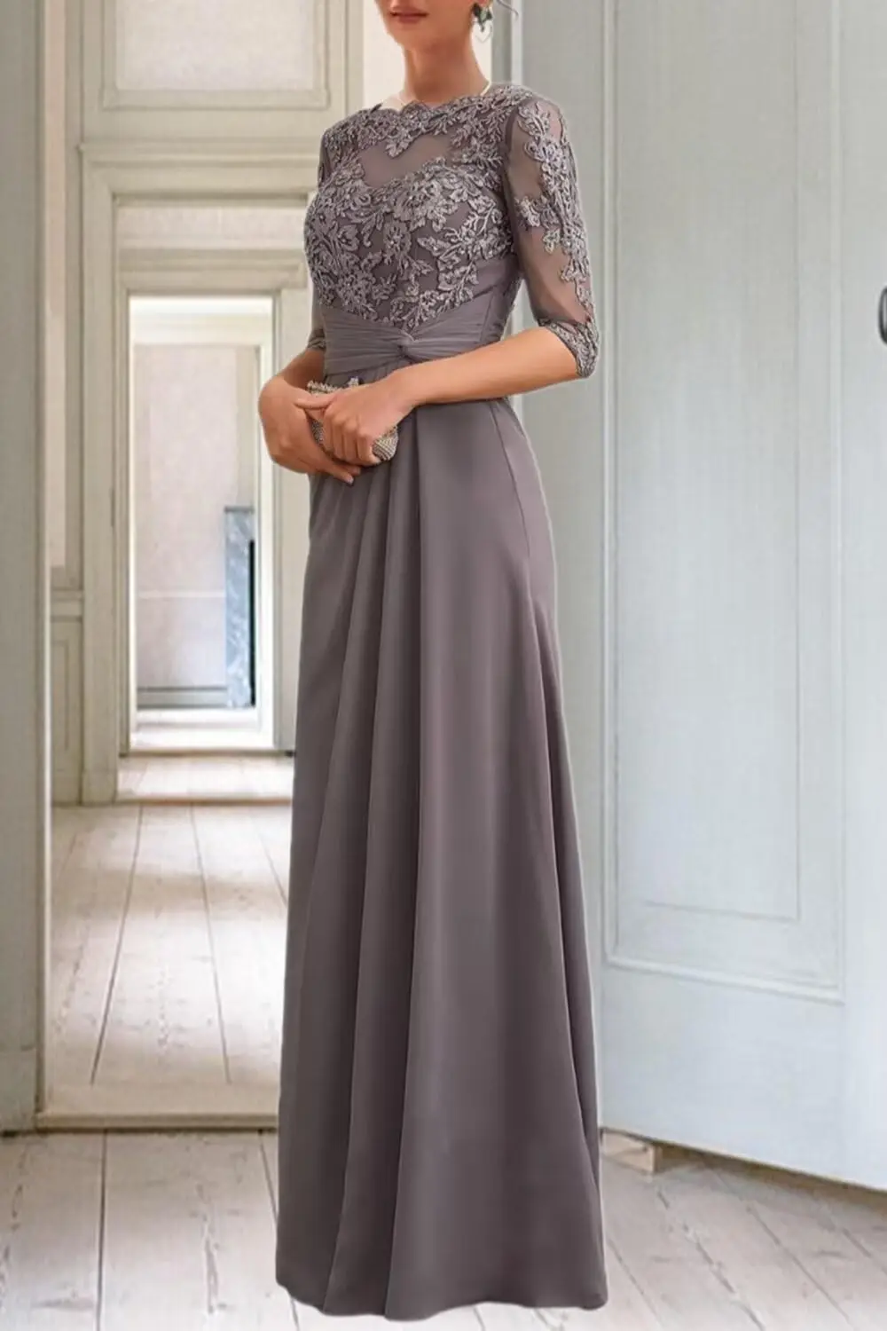Abiti moderni per la madre della sposa in chiffon con maniche applique in pizzo abito formale lungo per abito da sera da sposa - immagine 3