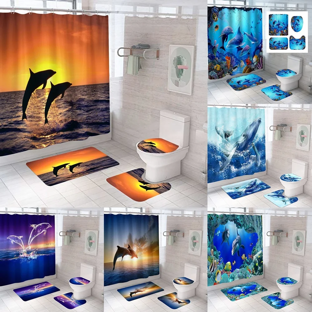 

Dolphins Shower Curtain Set Non-Slip Rug Toilet Lid Cover Bathroom Mat Underwater Fish Coral Summer Tropical Ocean Bath Curtains