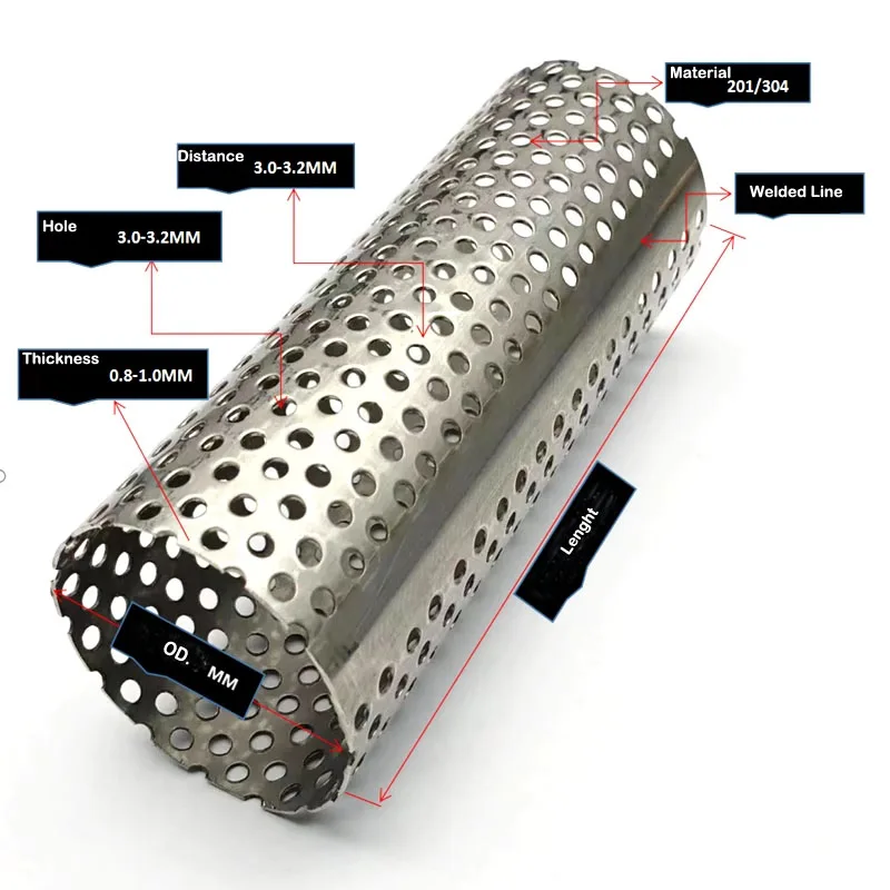 1 meter length SS304 stainless steel metal filter tubes pipes cylinder with holes punch industrial for exhaust silencer