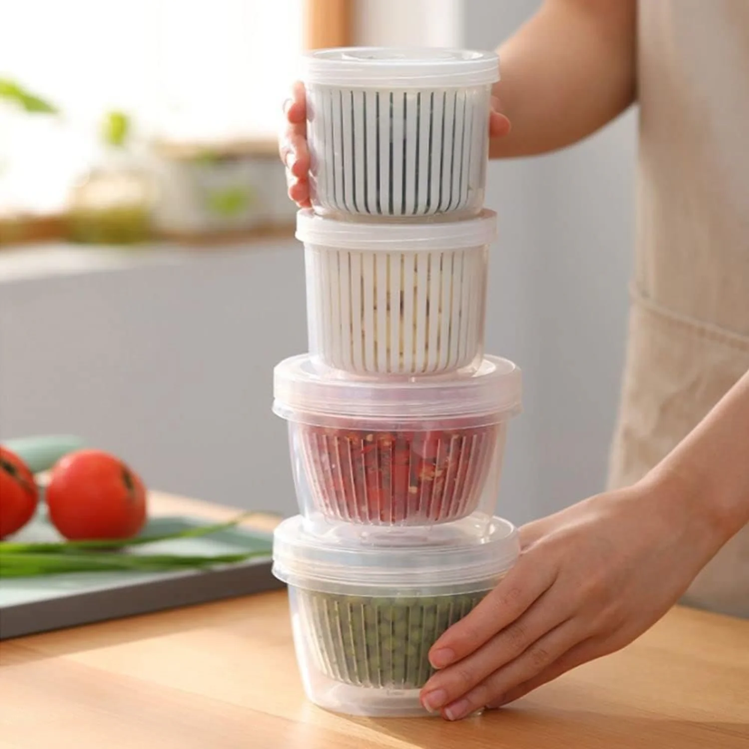 4 Pcs Vegetable Box, Ginger Garlic Onion Keep Fresh Container with Drain Basket Double Layer Plastic Transparent Food Drainage
