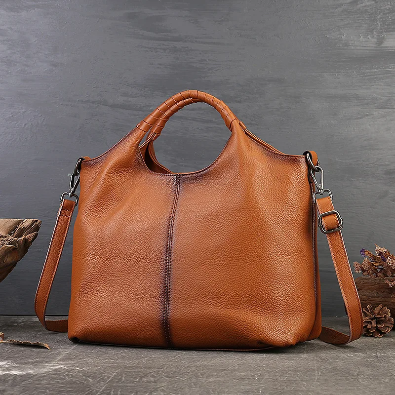 

Vintage First Layer Cowhide Women Handbags Real Genuine Leather Tote Hobo Bags Solid Color Ladies Large Capacity Crossbody Bag