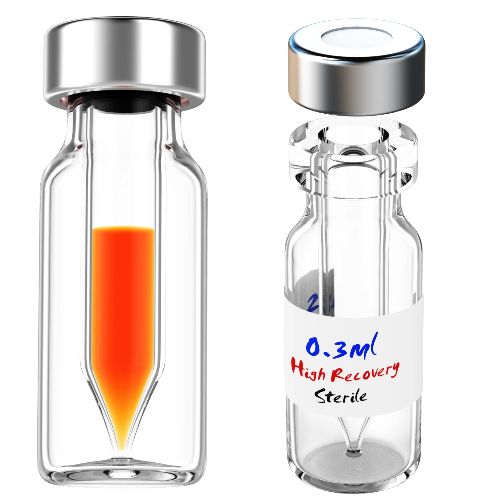 

High Recovery Vials Clear Limited Volume Snap Ring Vials with Silver Aluminum Crimp Top Cap and Conical Insert Fused,6pcs