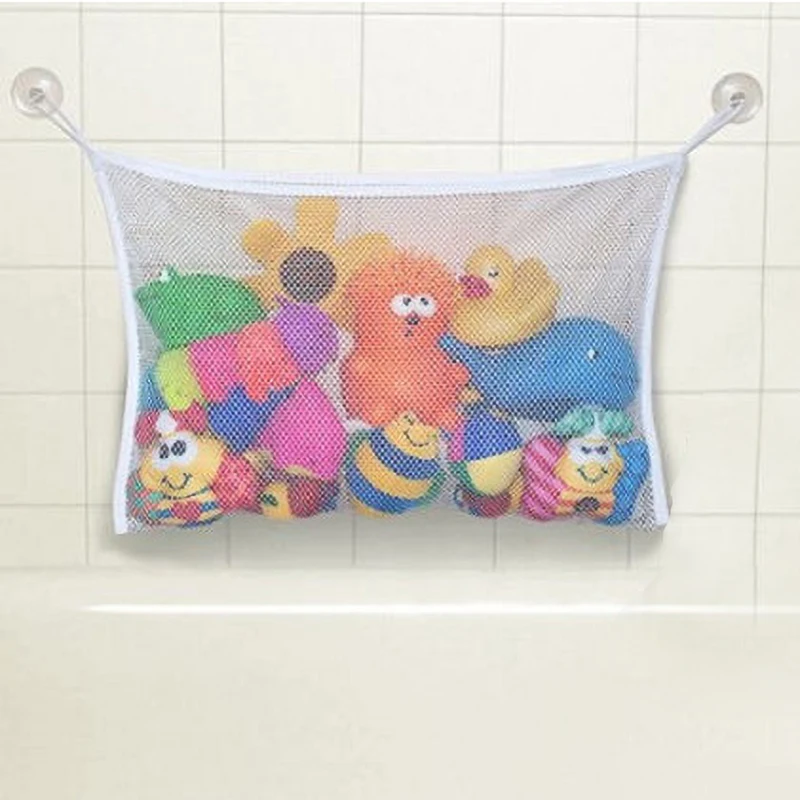 Baby White Square Bath Toy Organizer with Strong Suction Cups Bathroom Mesh Net Game Bag Drying Shower Products Clothes Storage