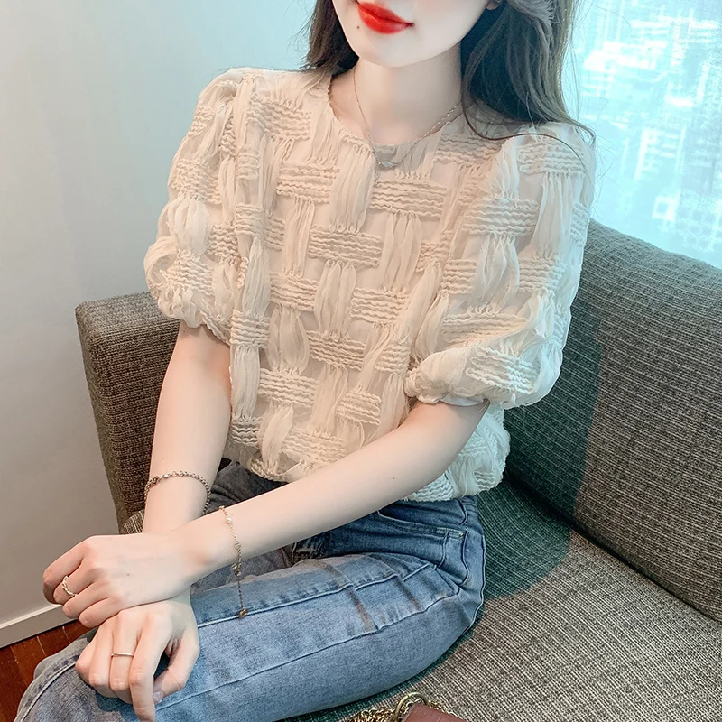 

Korea Sweet Designer Summer 3D Weaving Shirt Tops 2023 Chic Fashion Women O Neck Puff Short Sleeve Blouse Female