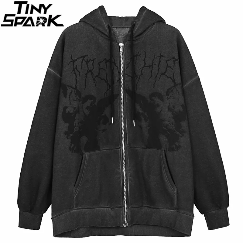 Men Hip Hop Streetwear Hooded Jacket Angel Dark Print Jacket Coat Harajuku Cotton Fleece Autumn Winter Outwear Zipper
