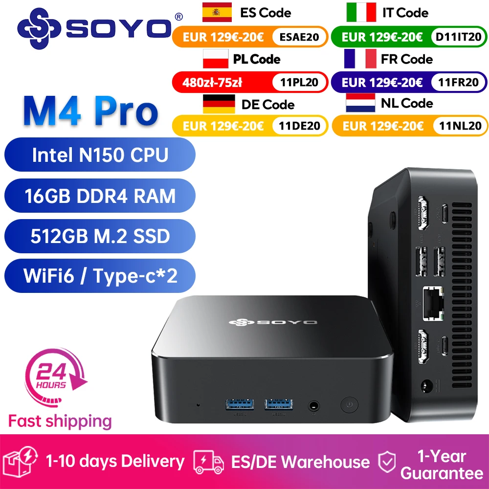 SOYO Mini PC M4 PRO Mini Computer Inter N150 CPU 16GB DDR4 512GB