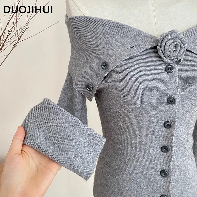 DUOJIHUI 그레이 시클리 슬래시 넥 슬림 여성 가디건, 긴 소매 싱글 브레스티드, 단색, 스위트 여성 가디건, 가을 패션