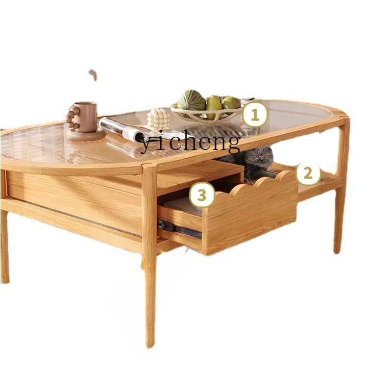 

ZC Log Style Living Room Solid Wood Tea Table Silent Wind Changhong Glass Rattan Multi-Functional Oval Tea Table