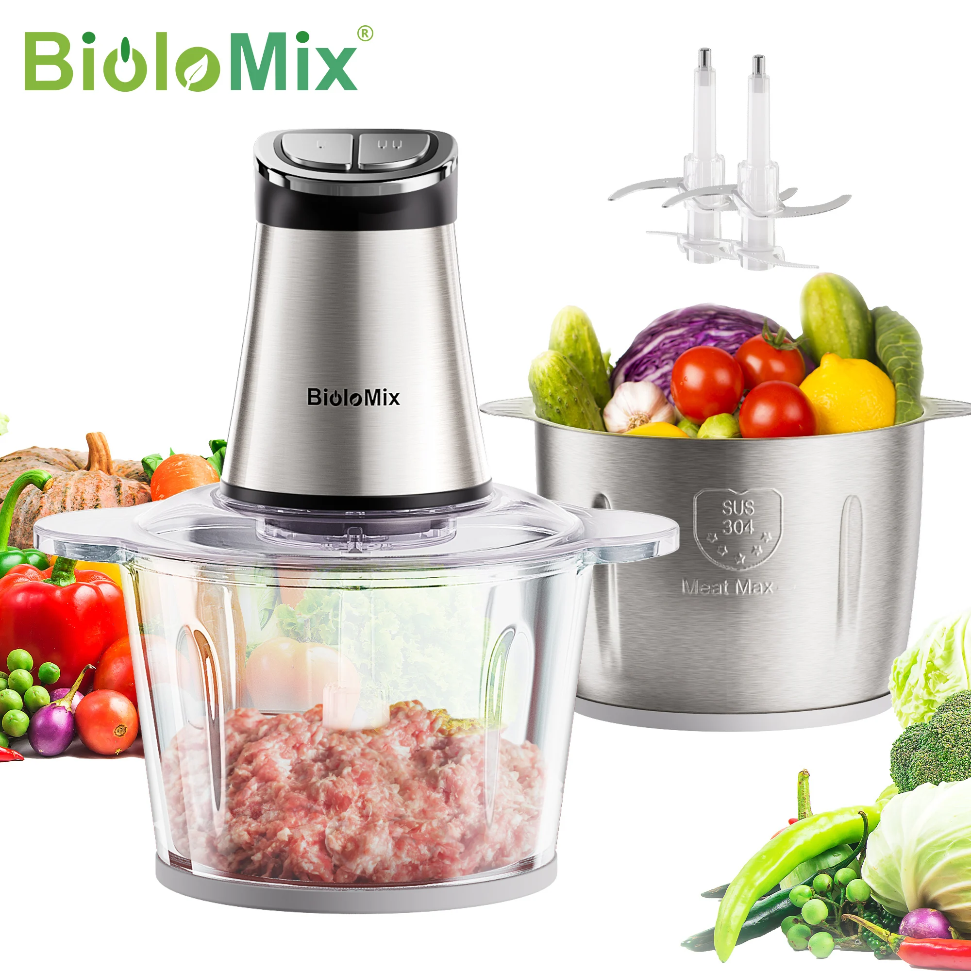 BioloMix 300W Electric Food Chopper with 2 Bowls And 4 Bi-Level Blades home meat grinder