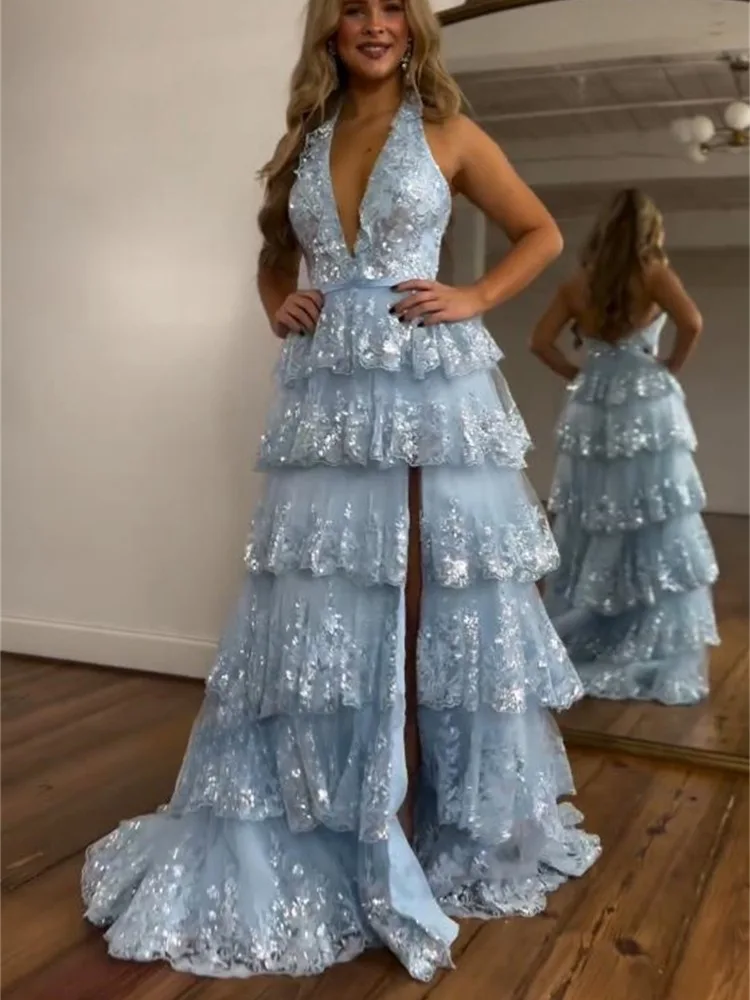 

Baby Blue Halter Prom Dress Saudi Arabia Sequins Appliques Tiered Sleeveless Open Back Formal Evening Wedding Party Dress