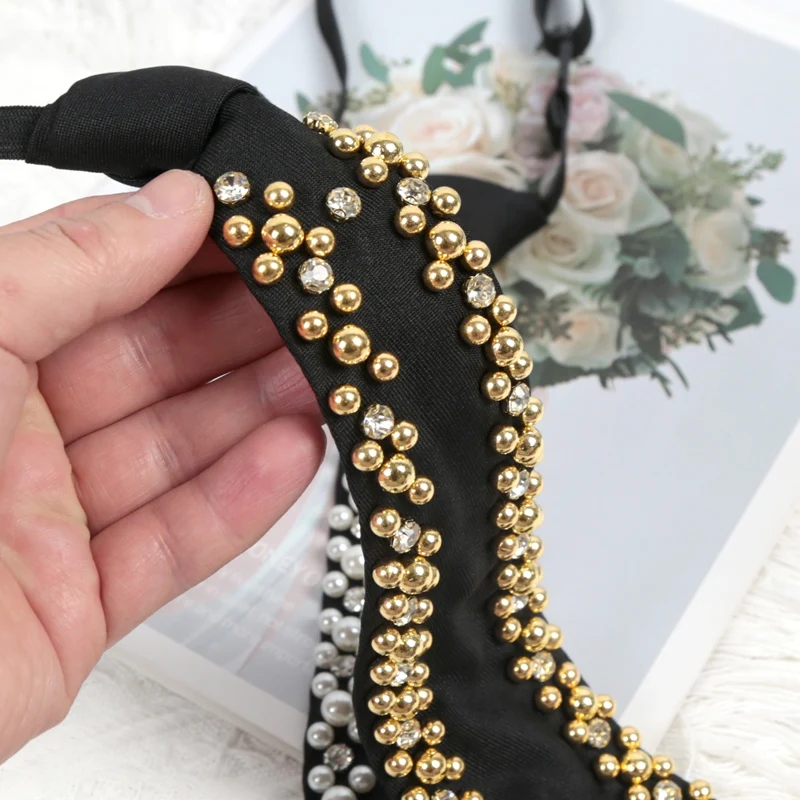 Luxurious Women Popular Shining Pearl Black Tie Trend Style Girls Temperament Clothing Handmade Beaded Necktie  Punk Accessories