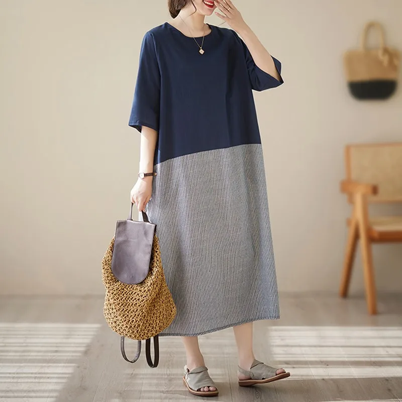 

2023 New Arrival Summer Women Casual Loose Striped Patchwork Mid-calf Dress Short Sleeve O-neck Cotton Linen Dresses V563