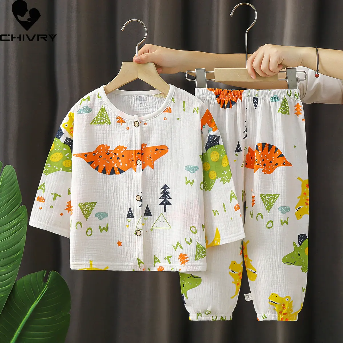 

Kids Boys Girls Thin Pajamas Summer Cotton Yarn Cartoon Dinosaur T Shirt Tops with Pants Baby Sleepwear Homewear Clothes Sets