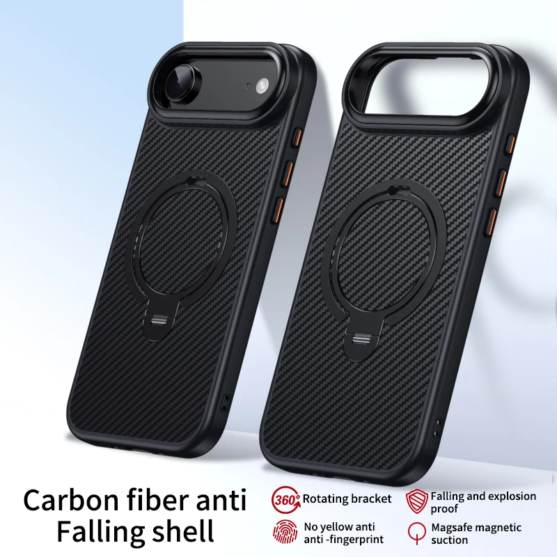 Carbon Fiber Magnetic Phone Case with Rotating Stand and Metal Camera Frame