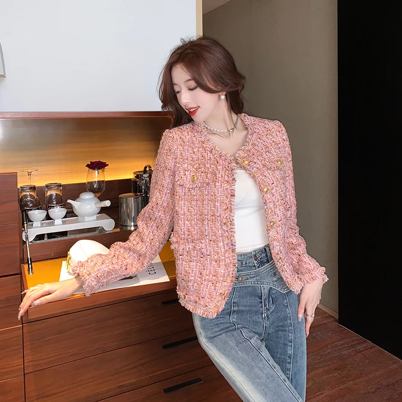 New Autumn Winter Vintage Pink Tweed Weave Jacket Coat Women Small Fragrance Korean Tassel Woollen Coats Elegant Outerwear