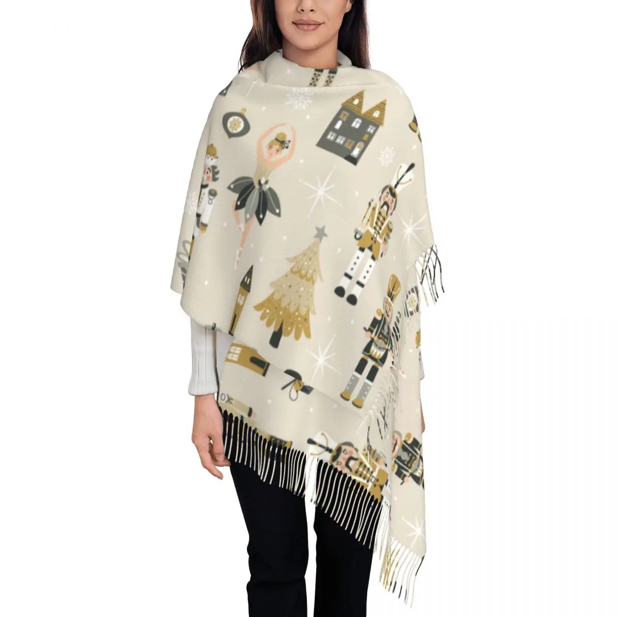 

Женский шарф для улицы, головные уборы балерины, шарфы с длинной кисточкой, Рождественская шаль с мультяшным рисунком, зимняя женская шаль