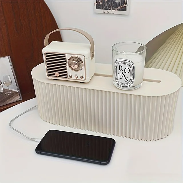 Large Cable Management Box with Lid | Portable Oval Desktop Organizer to Hide & Sort Wires for Home Office 5
