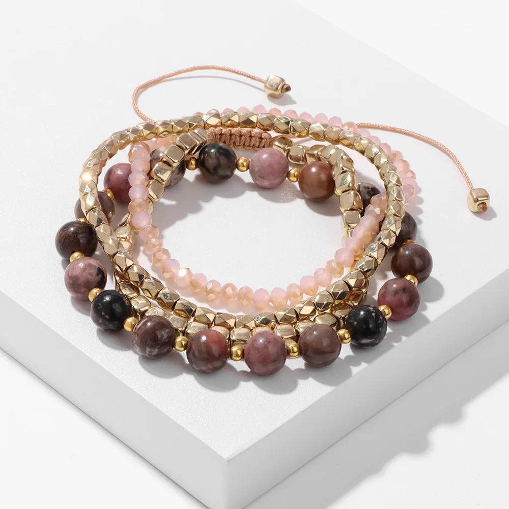 4Pcs/Set Natural Stone Bracelets Adjustable Gold Color Beads Bracelets Set For Women Men Jewelry Handmade Crystal Bangles Gift