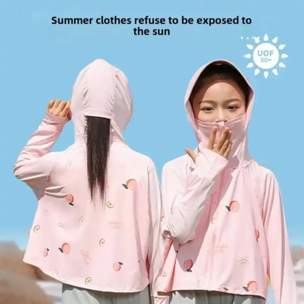 Hat Kids Sunscreen Hoodie with Mask Veil Long Sleeve Thin Children Sun Protection Clothing Crop Top Arm Sleeves