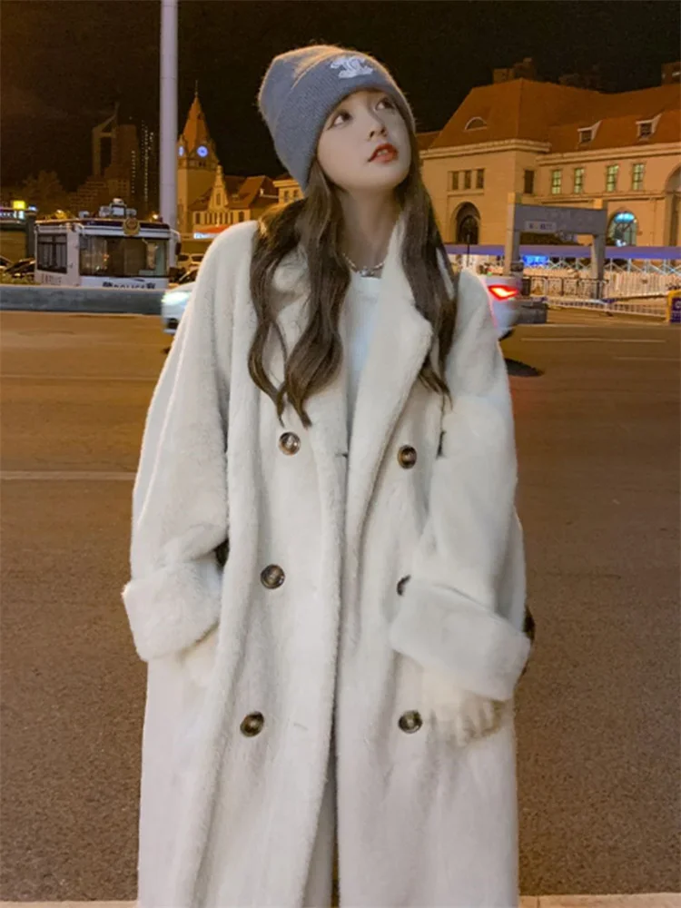 Женское зимнее пальто из искусственного меха Syiwidii с длинными карманами, однобортная куртка с отложным воротником, утепленная теплая Повседневная Верхняя одежда X1198