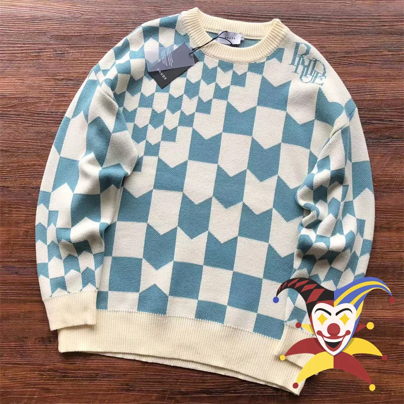 

New Rhude Blue Plaid Jacquard Sweater Men Women Casual Checkerboard Srid Sweatshirts