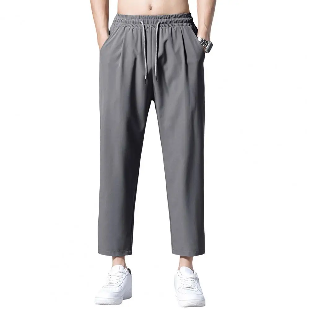 Men's Casual Ankle-Length Pants Solid Color Straight Wide-Leg Trousers Elastic Waist Ice Silk Breathable Quick-Dry Baggy Cargo S