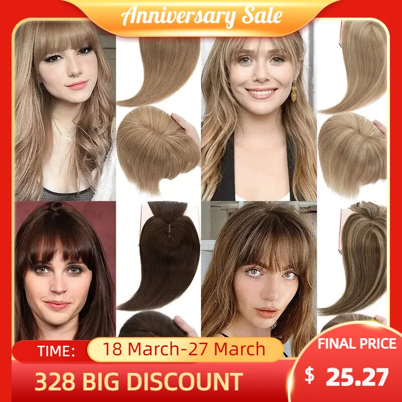 

Silk Base Topper Clip In Real Human Hair Wigs Women Toupee Hairpiece With Bangs Blonde Hair Toppers For Women Hair Extensions