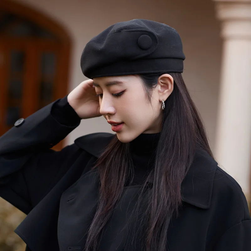 Retro Handmade Beret Spring Autumn Women Black Beige Woolen Beret Khaki Brown Painter Hat Female Winter Temperament Sense Cap