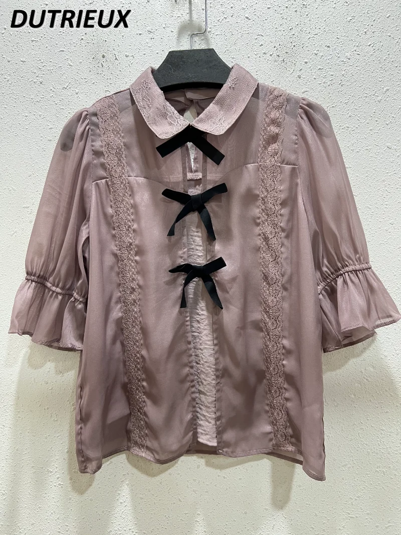 

Rojita Lolita Mine Bow Shirt Mass-Produced Doll Version Cute Sweet Girls Blouse Lapel Short Sleeve Ladies Tops Blusas Mujer