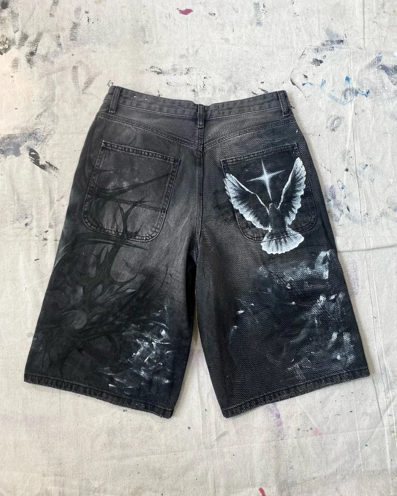 Y2K New Harajuku Fashion Oversized Geometric Print Denim Short Men Vintage Gothic Hip Hop Popular Casual Joker High Waist Shorts denim shorts