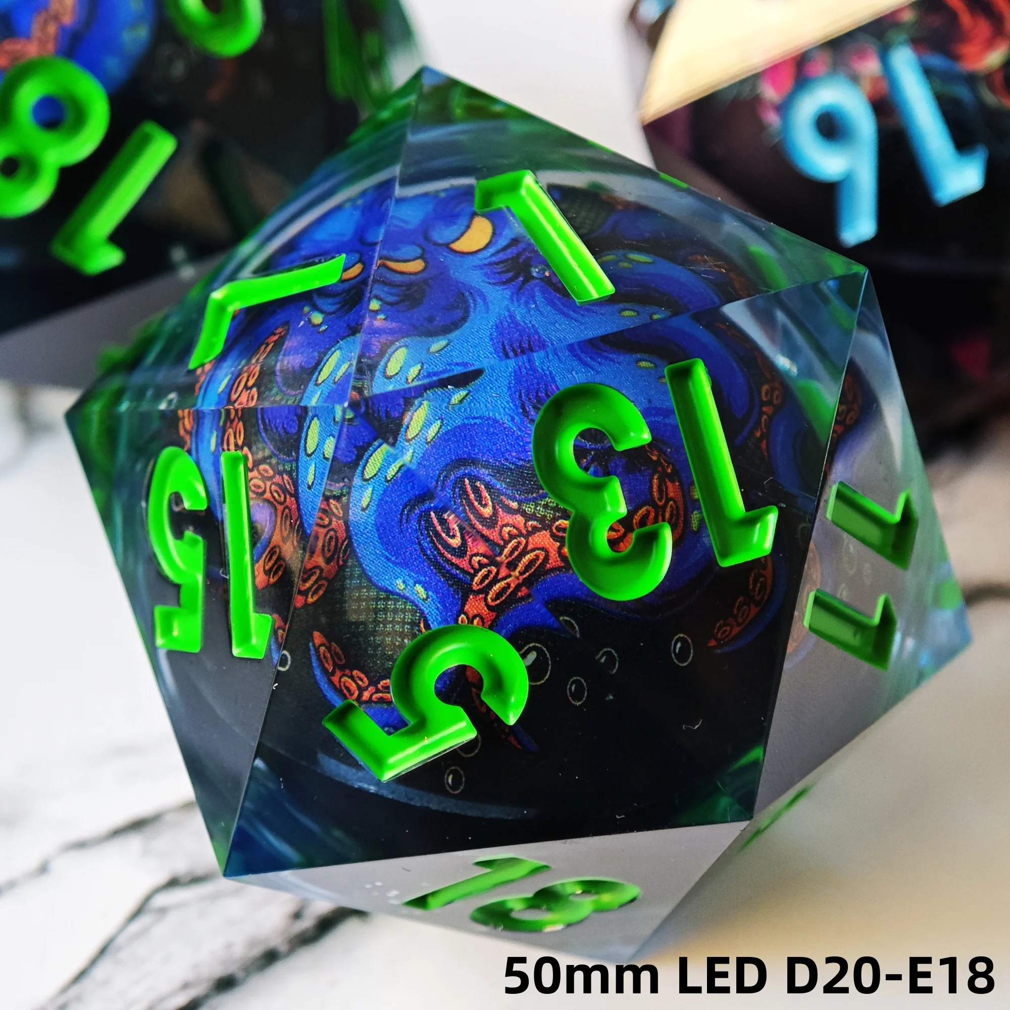 MINI PLANET Octopus Fox LED 50mm D20 Dice Huge Polyhedral Resin 20 Side Dice For RPG Board Game DND D20 Sharp Edges
