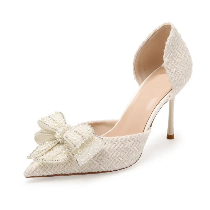 White Pearl Bowknot Women Pumps Sexy Pointed Toe High Heels Wedding Prom Shoe PVC Transparent Sandal Female