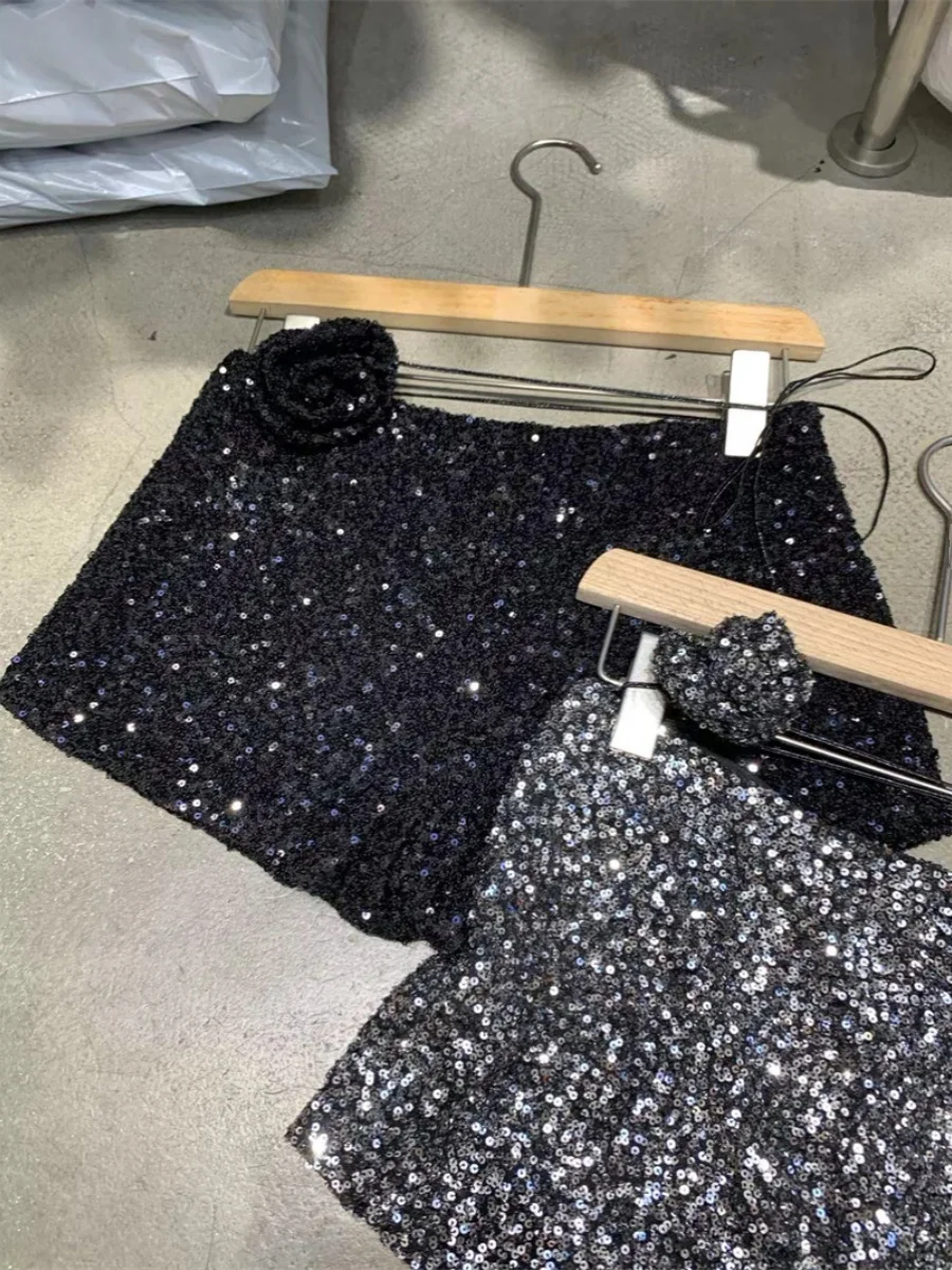 2024 Spring And Summer Sequined Shiny Heavy-Duty Zipper Nightclub Socialite Shorts Trendy Sexy Versatile Black Booty Pants Women