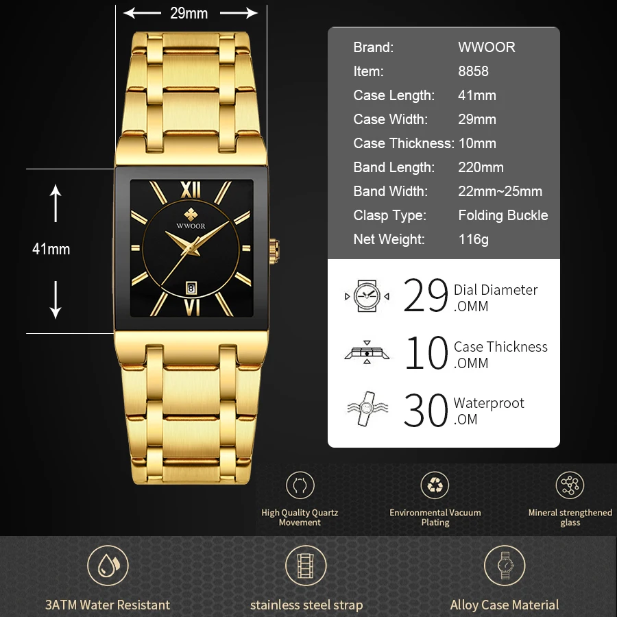 wwoor - Orologio Analogico AL Quarzo da uomo, impermeabile, cinturino in maglia di Acciaio, Orologi da polso sottili, Data automatica. Taglia unica oro