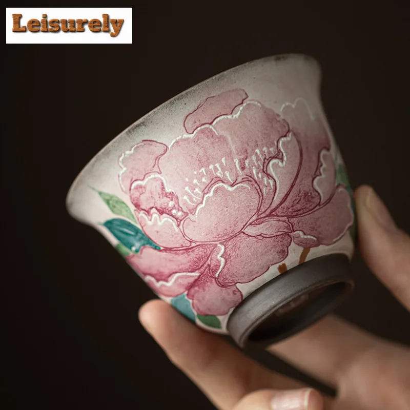 120ml Old Rock Clay Light Makeup Peony Gaiwan Aesthetic Tea Tureen Tea Bowl With Lid Kit Tea Making Cover Bowl Teaware Ornaments