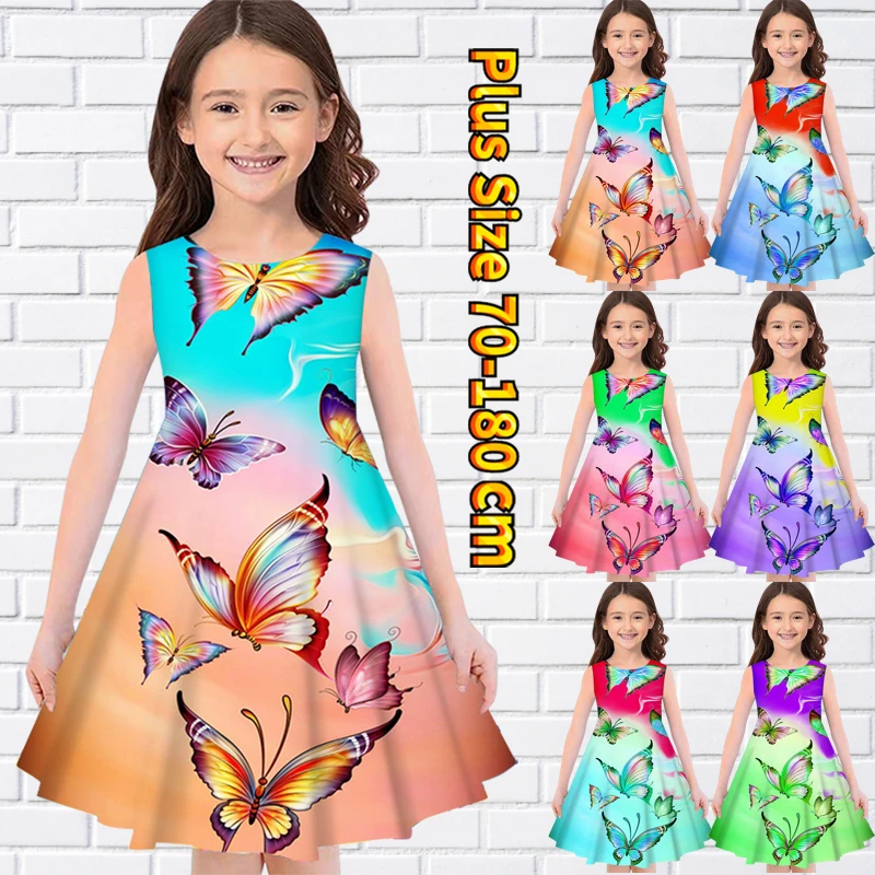 

2022 Round Neck Dress Summer Little Girl Butterfly Print MIDI Skirt Lovely Sleeveless Knee Skirt Everyday Street Loose Skirt