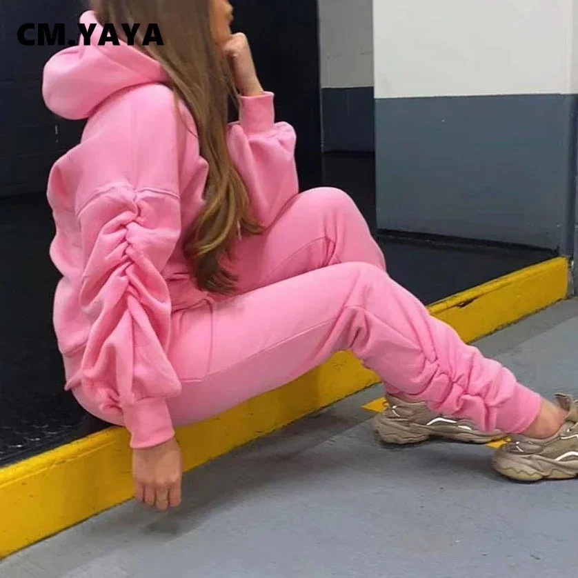 

Women Ruched Stacked Two 2 Piece Set Outfits Elegant Hoodies and Jogger Pants Matching Set Autumn Winter Solid Tracksuit