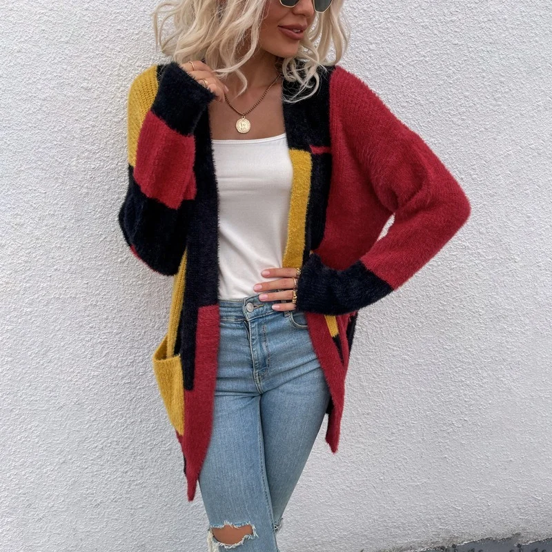 

Imitation Mink Hair Knitted Cardigans Women Irregular Block Striped Sweaters Autumn Winter Fashion Loose Casual Warm Cardigans