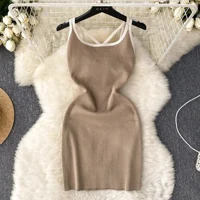 2025 Summer Knit Sexy Strap Dress U Neck Cross Women Tank Elatic Waist Bodycon Sundress Female Beach Backless Short Dress