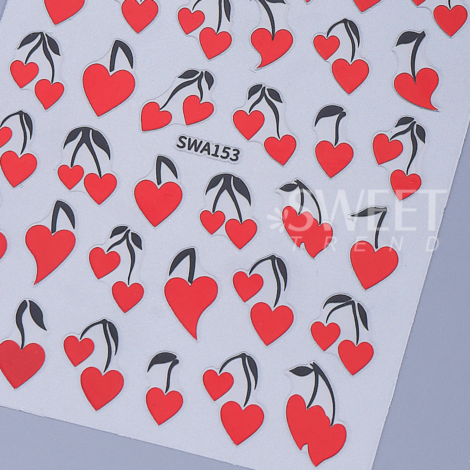 2pcs Valentine's Day Nail Stickers Heart-shaped Cherry Leaves Self-adhesive Nail Decals Sweet DIY Manicure Decoration Sliders