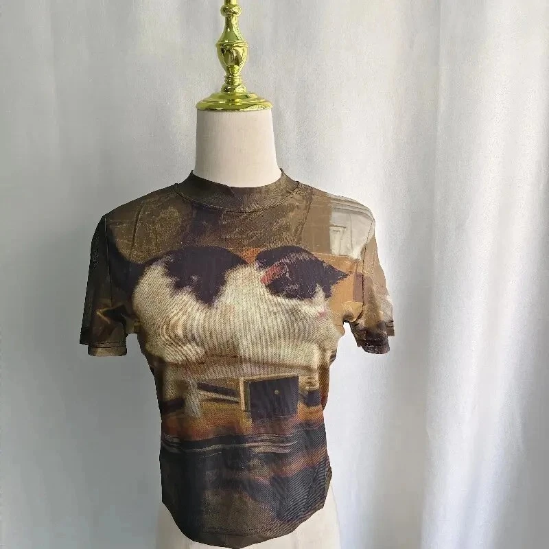 Kimutomo Y2k T Shirts Women Vintage Sexy Cartoon Cat Printed Short Sleeve Spring Summer Half High Collar Crop Tops Gothic Tshirt 5