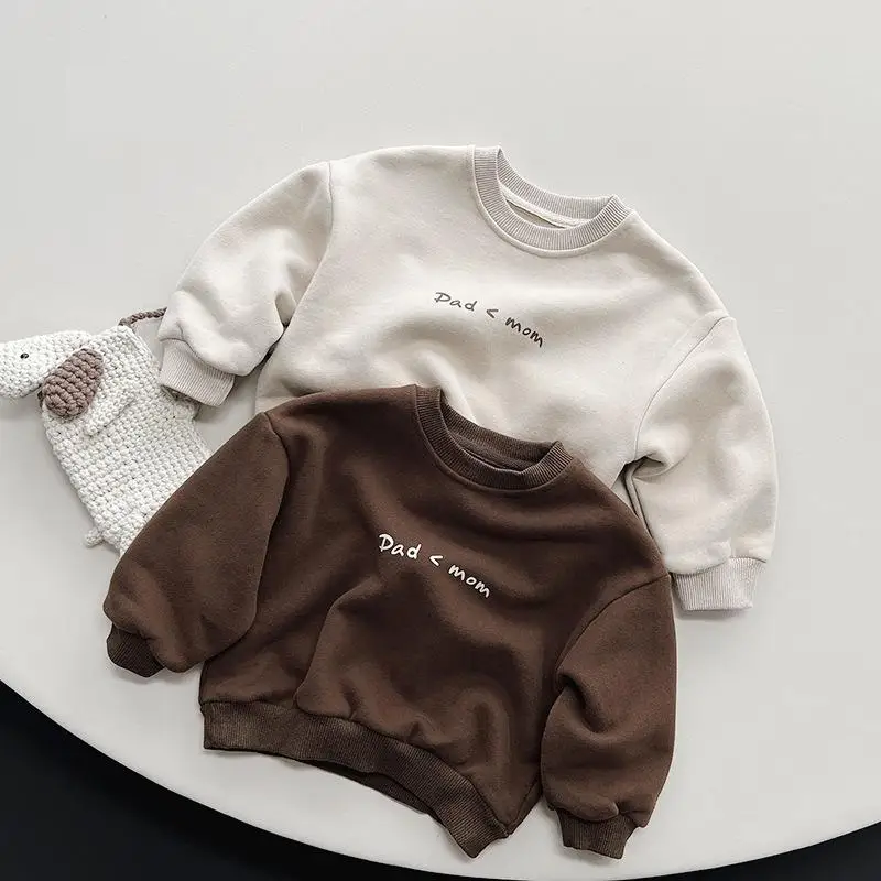 

Winter New Baby Fleece Sweatshirt Long Sleeve Infant Boy Girl Letter Print Pullover Plus Velvet Thick Toddler Casual Clothes