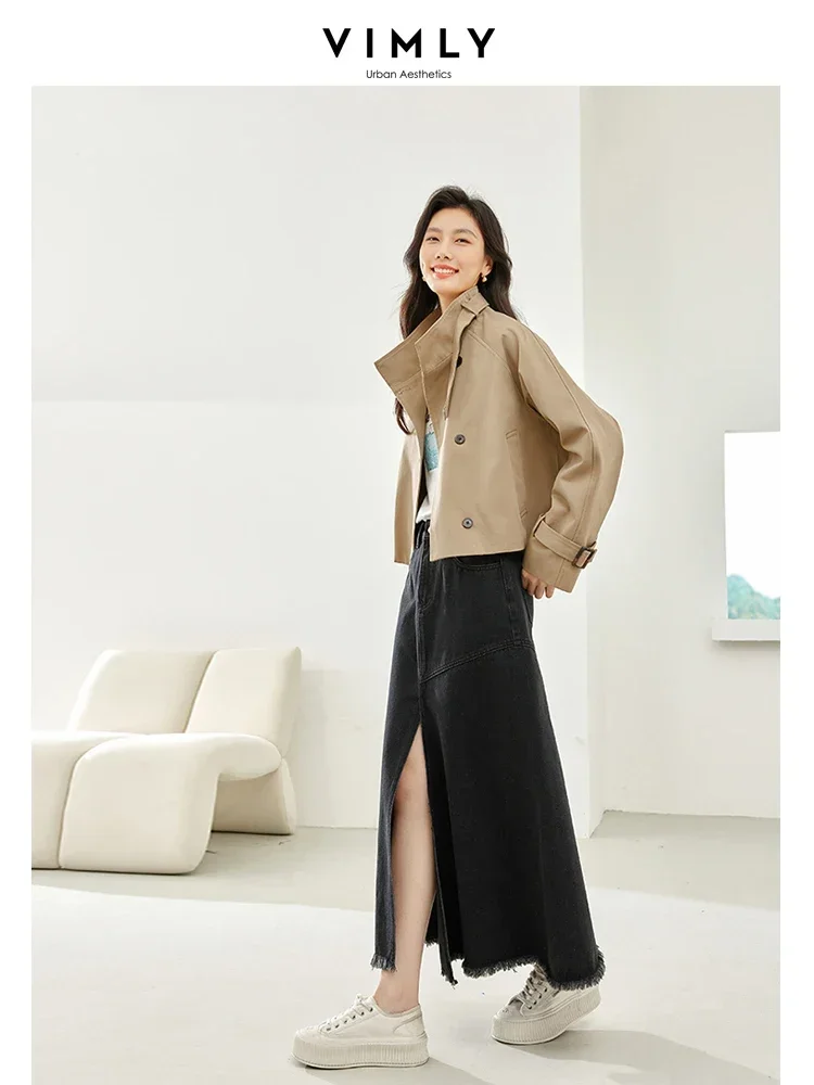 Vimly Khaki Cotton 100% Cropped Trench Coat New Single Breasted Loose Jacket for Women Spring Windbreaker Outerwear M5165
