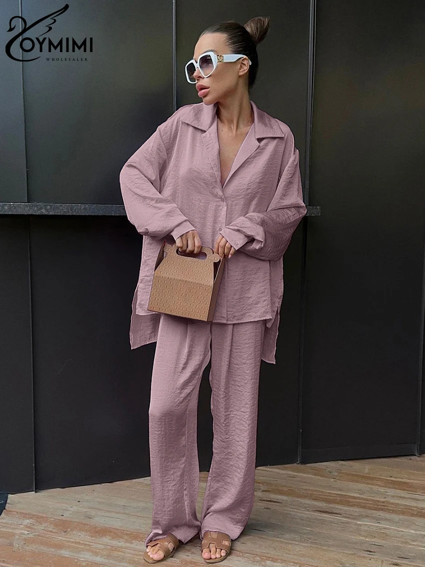 Oymimi Fashion Loose Pink Womens 2 Piece Outfit Set 2023 Elegant Long Sleeve Blouse With High Waist Wide Pants Set Streetwear