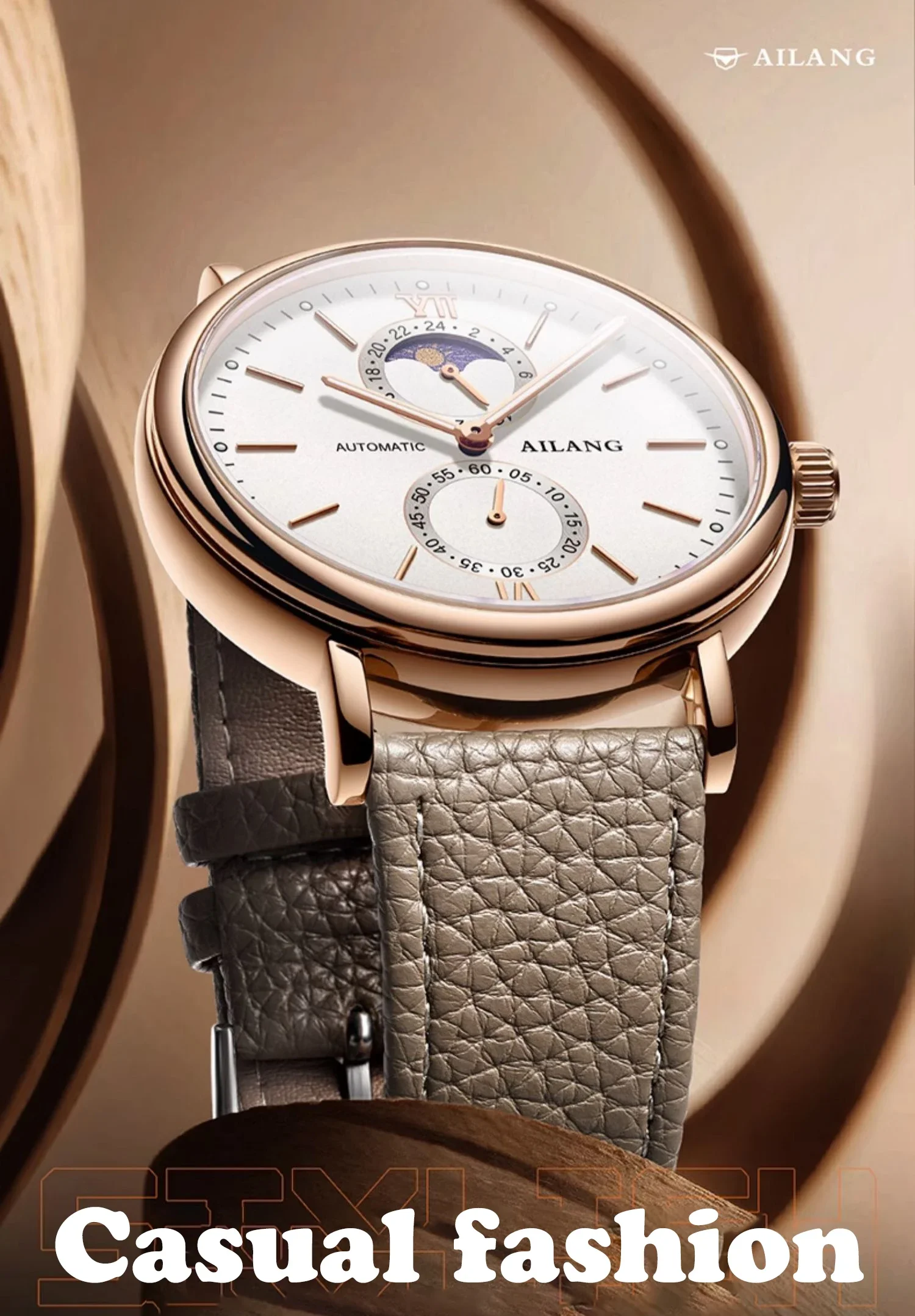 AILANG Echte binokulare Mondphasen-Quarzuhr, einfache, trendige, im Dunkeln leuchtende, wasserdichte Herrenuhr mit Gürtel_voghion.com