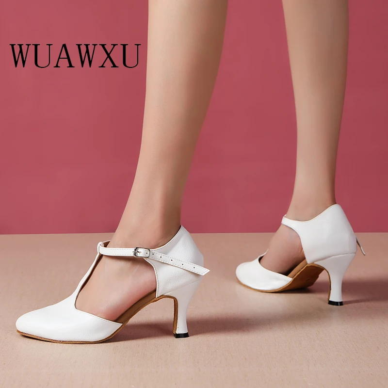NATASHA Dance Shoes Women Adult Genuine Leather White/Rose 8CM Medium High Heels Indoor Soft Sole Square Dance National Standard