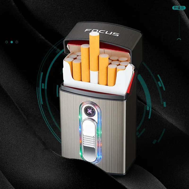 Sleek LED Flash Cigarette Case with Double Arc Lighter, Holds 20 Cigarettes